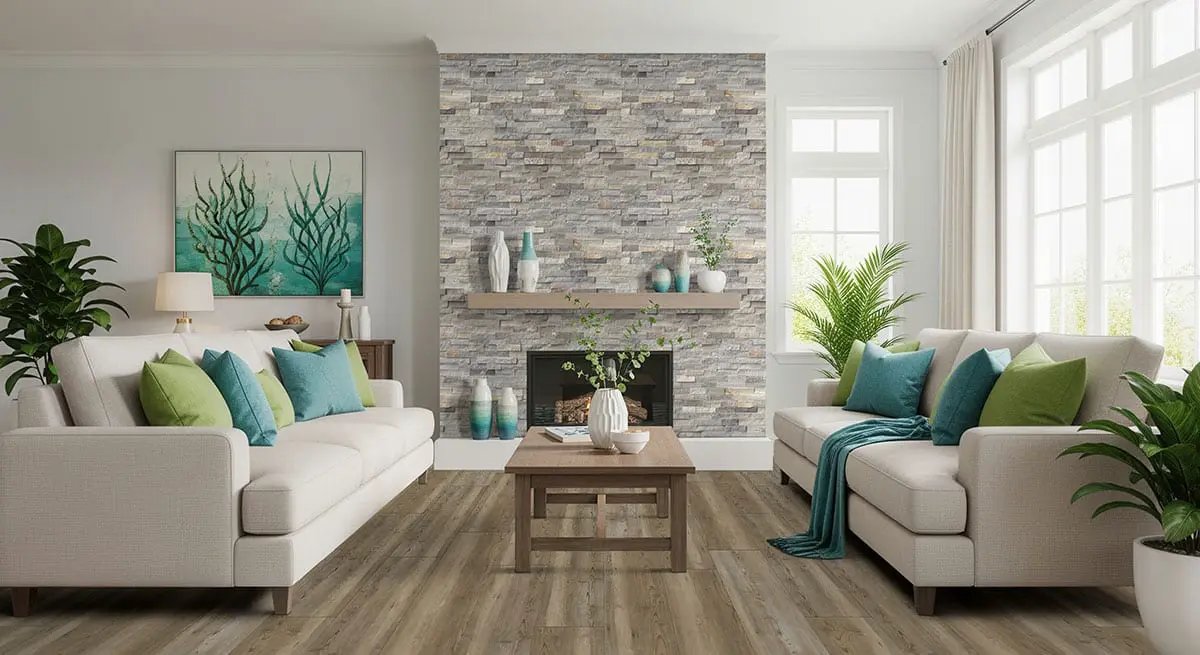 Sunset Silver Split Face Quartzite Pavers 6x24 in a finished room