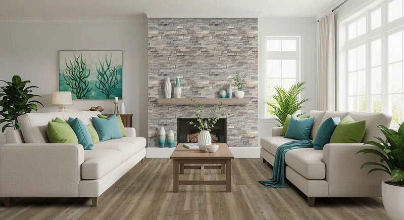 Sunset Silver Split Face Quartzite Pavers 6x24 in a finished room