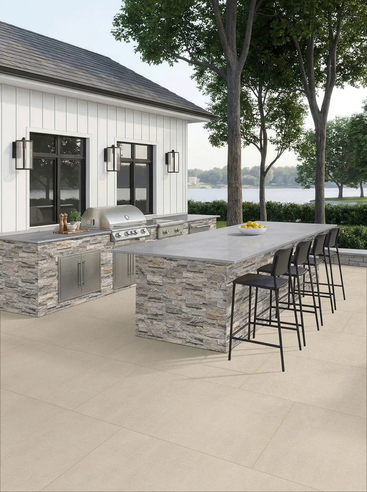 Silver Travertine Xl Split Face Pavers 9x12 in a finished room