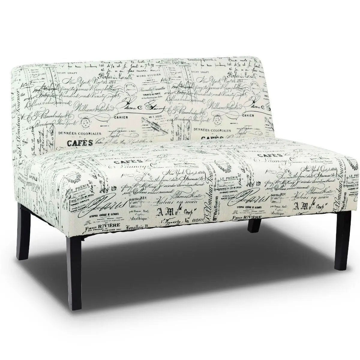 Modern Loveseat Sofa with Off-White Cursive Pattern Upholstery and Black Wood Legs by HomePacific