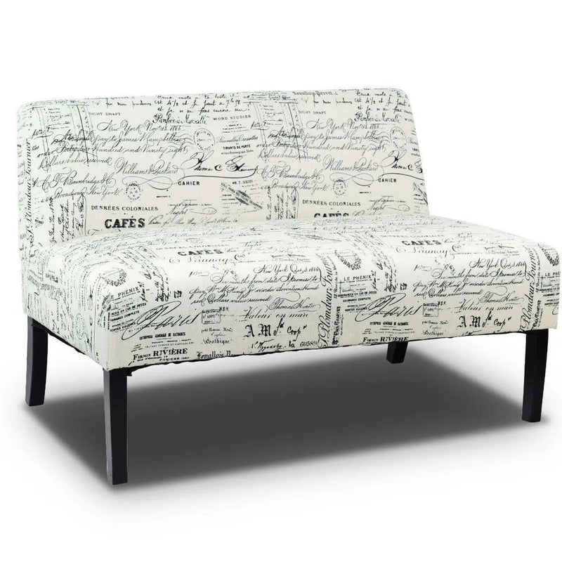 Modern Loveseat Sofa with Off-White Cursive Pattern Upholstery and Black Wood Legs by HomePacific
