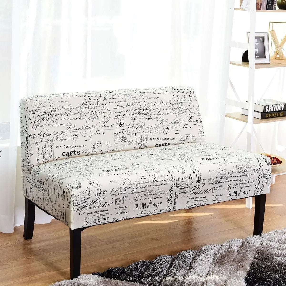 Modern Loveseat Sofa with Off-White Cursive Pattern Upholstery and Black Wood Legs by HomePacific