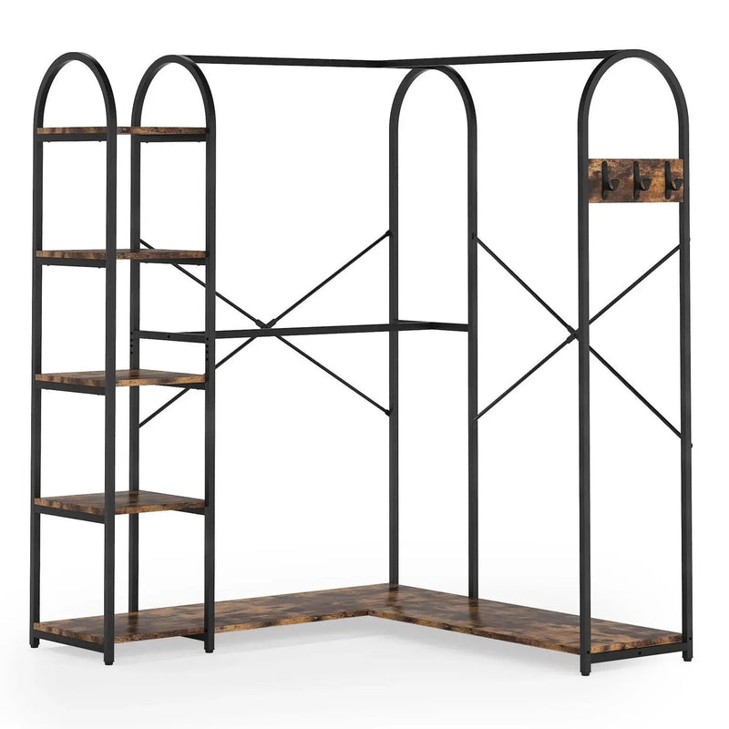 Corner L-Shaped Garment Rack with Clothing Hanging Rods and Storage Shelves by HomePacific