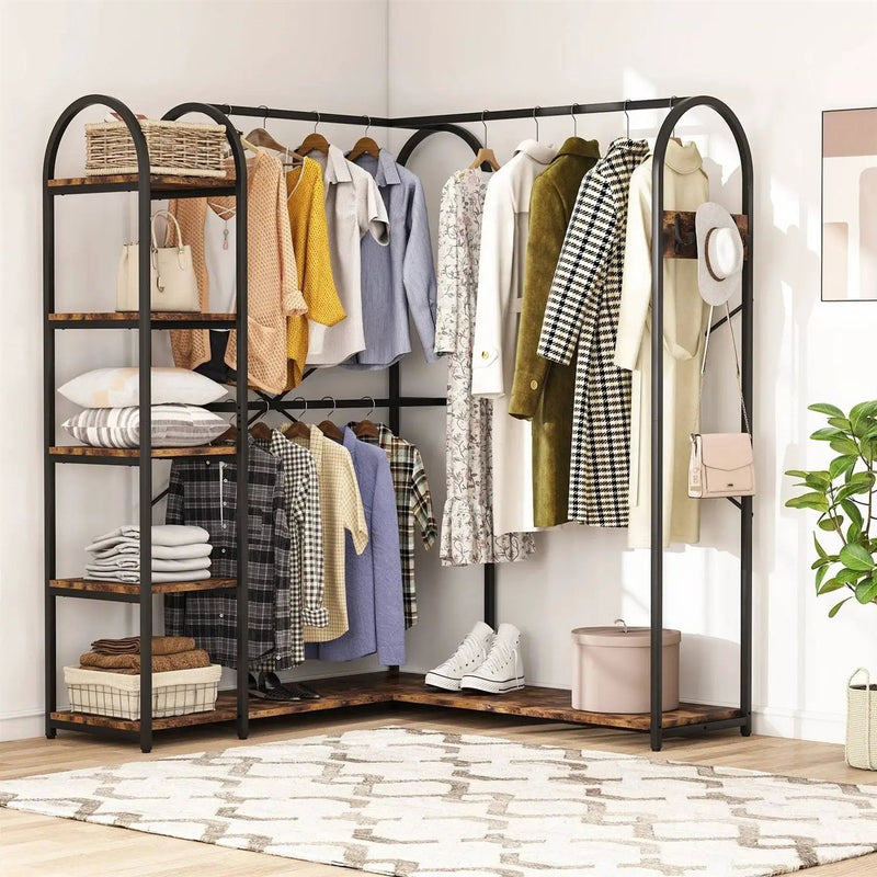 Corner L-Shaped Garment Rack with Clothing Hanging Rods and Storage Shelves by HomePacific