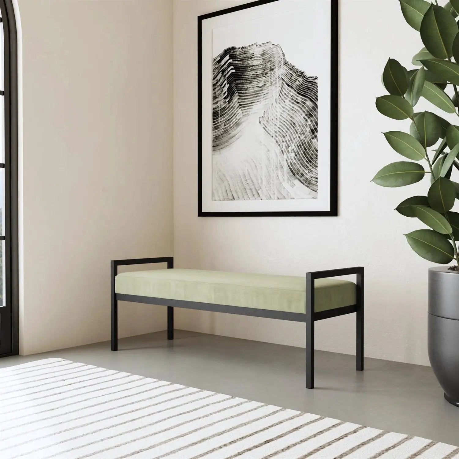 Modern Industrial Bed Bench with Black Metal Frame and Sage Green Velvet Cushion by HomePacific
