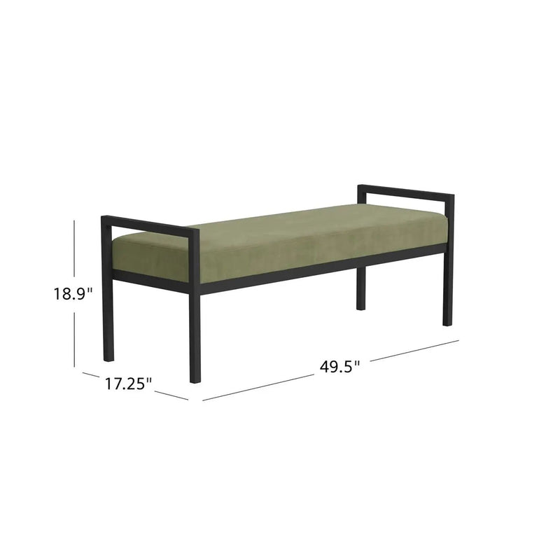 Modern Industrial Bed Bench with Black Metal Frame and Sage Green Velvet Cushion by HomePacific