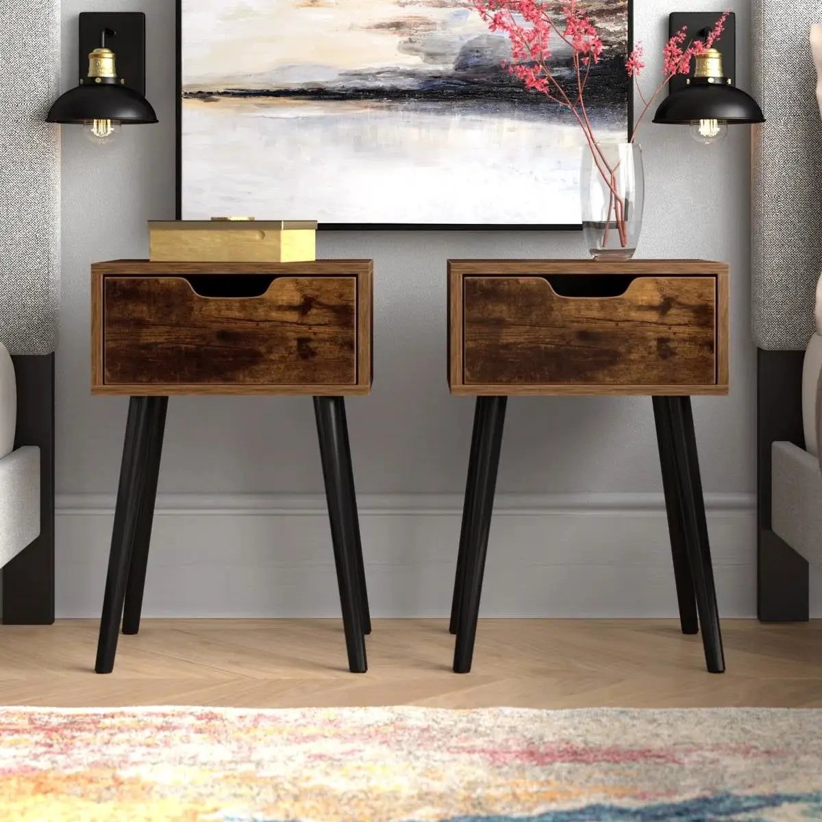 Set of 2 - Modern Mid-Century Farmhouse Bedroom Nightstand End Table by HomePacific
