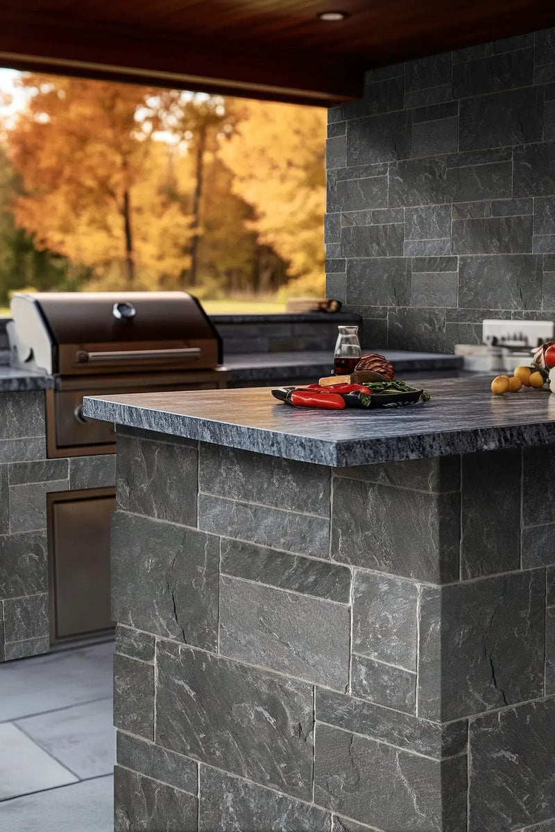 Avalon Bay Sawn Ashlar Light Tumbled Marble Pavers in a finished room