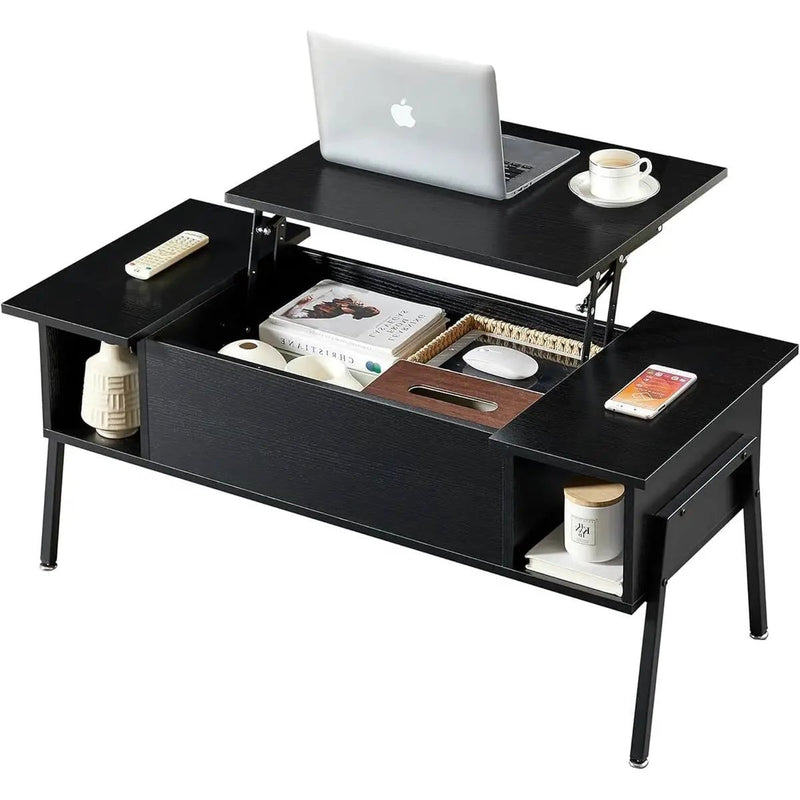 Modern Lift-Top Coffee Table Laptop Desk with Storage Shelf in Black Wood Finish by HomePacific