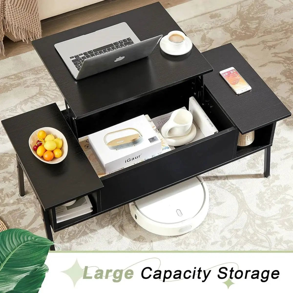 Modern Lift-Top Coffee Table Laptop Desk with Storage Shelf in Black Wood Finish by HomePacific