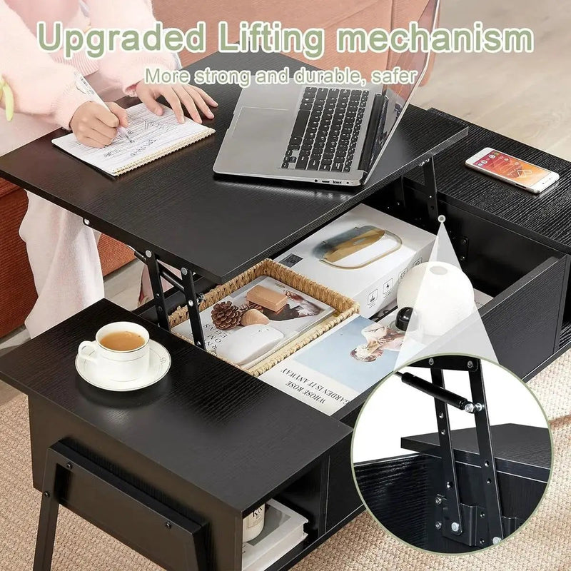 Modern Lift-Top Coffee Table Laptop Desk with Storage Shelf in Black Wood Finish by HomePacific
