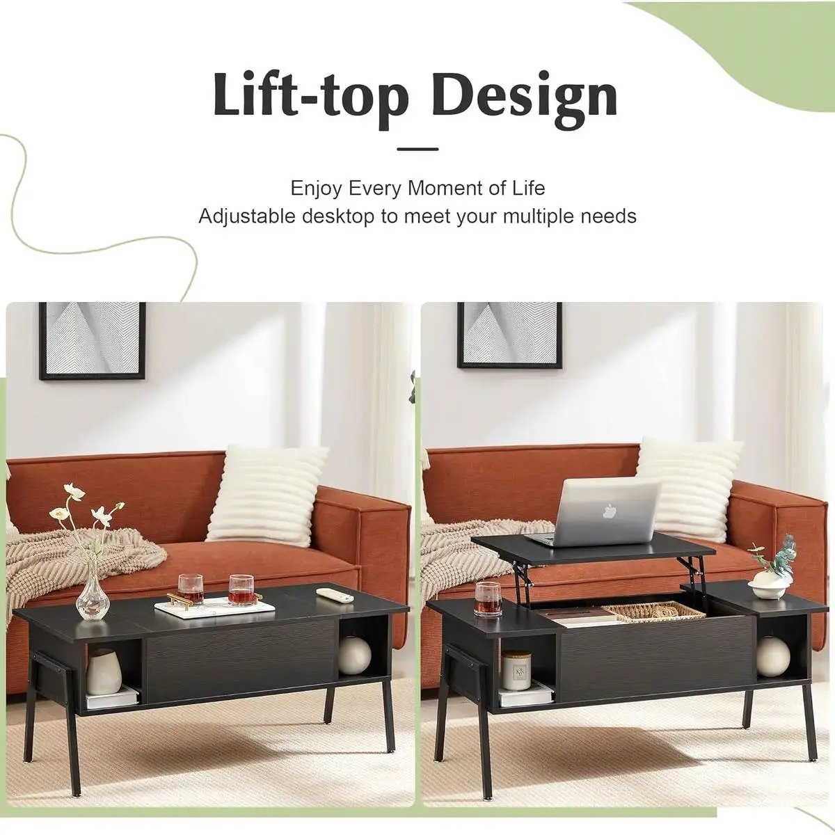 Modern Lift-Top Coffee Table Laptop Desk with Storage Shelf in Black Wood Finish by HomePacific