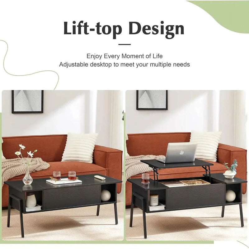 Modern Lift-Top Coffee Table Laptop Desk with Storage Shelf in Black Wood Finish by HomePacific