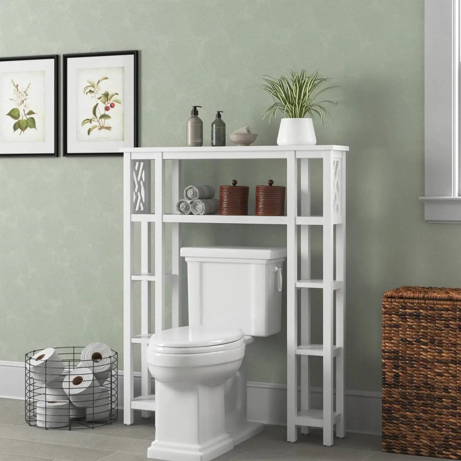 Over the Toilet Bathroom Shelving Unit with 9-Shelves in White Wood Finish by HomePacific