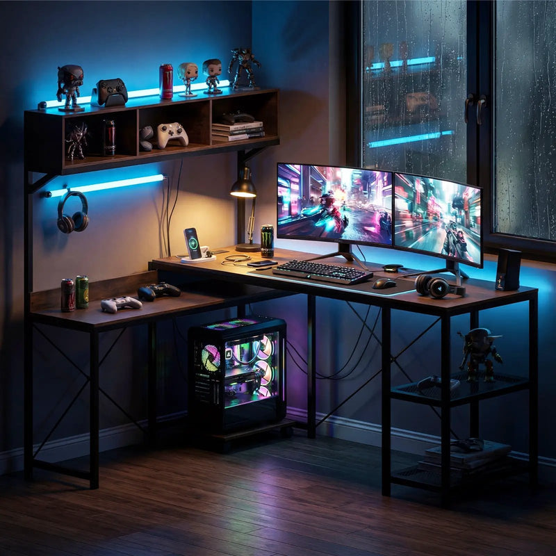 L-Shaped Computer Desk with Power Outlets 62 Inches Corner Desk with Storage Hutch-Brown by DirectDeals