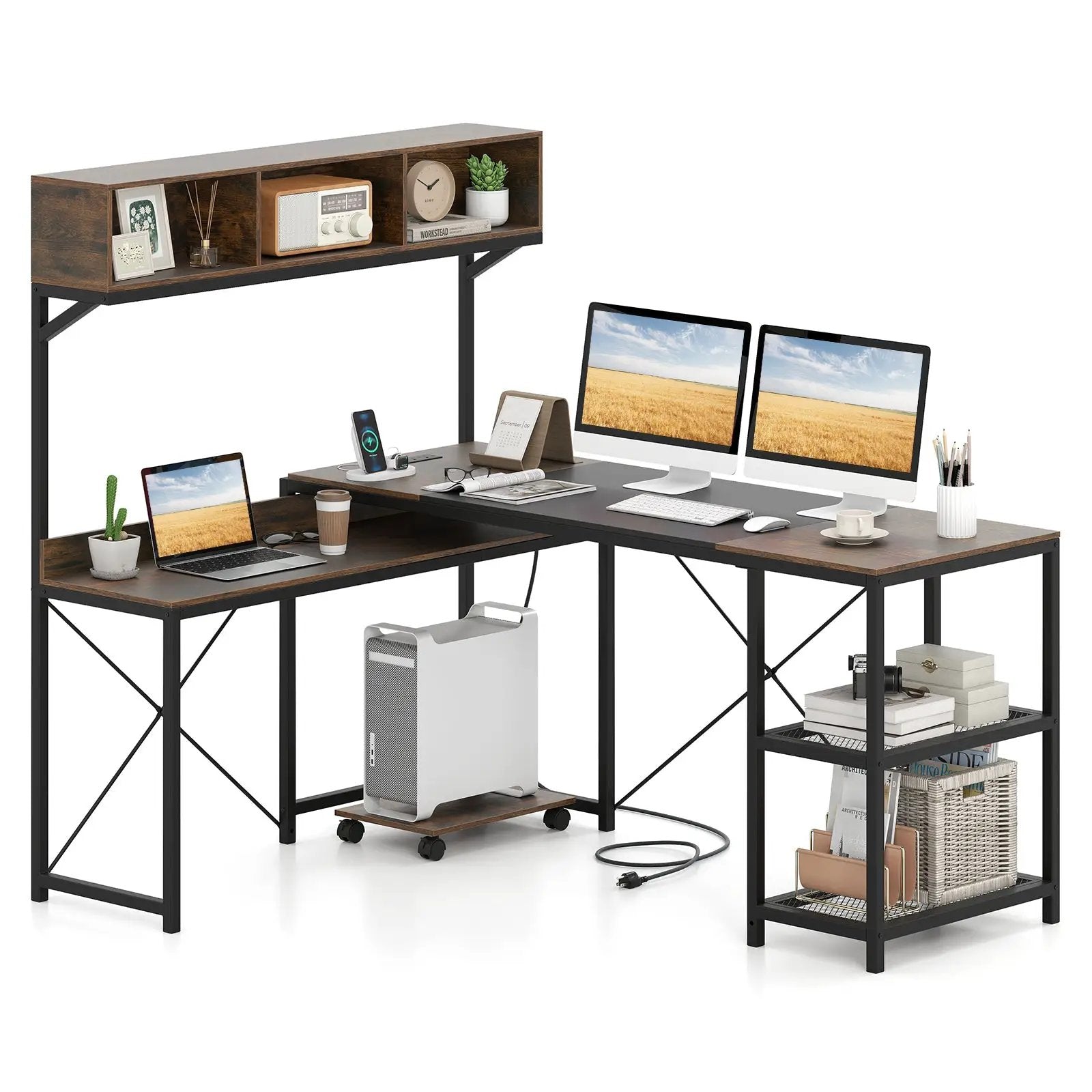 L-Shaped Computer Desk with Power Outlets 62 Inches Corner Desk with Storage Hutch-Brown by DirectDeals
