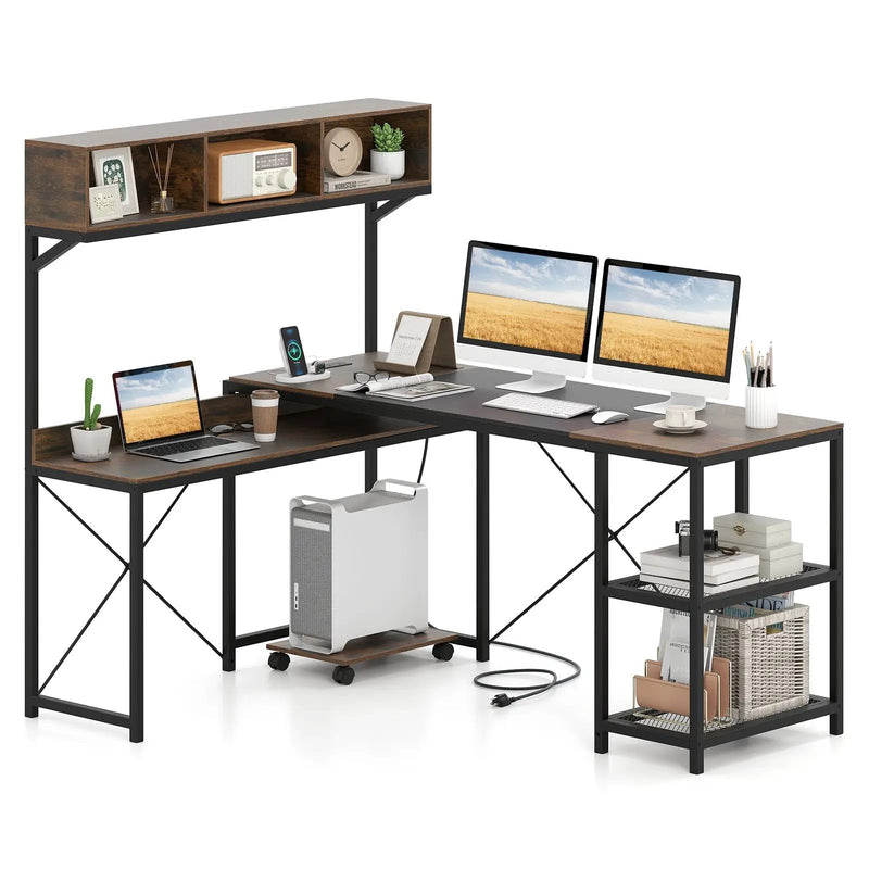 L-Shaped Computer Desk with Power Outlets 62 Inches Corner Desk with Storage Hutch-Brown by DirectDeals