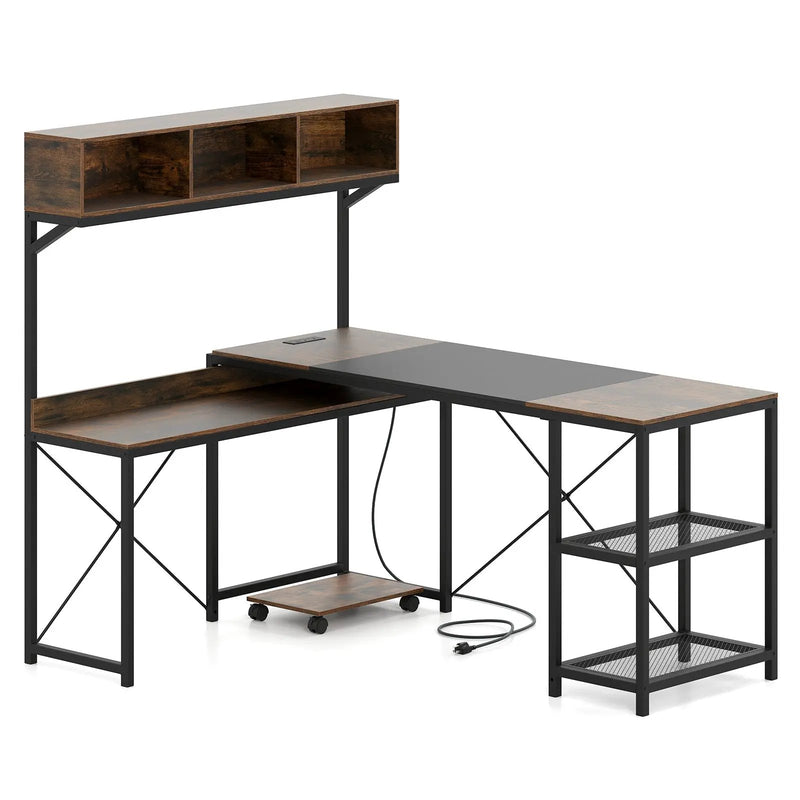 L-Shaped Computer Desk with Power Outlets 62 Inches Corner Desk with Storage Hutch-Brown by DirectDeals