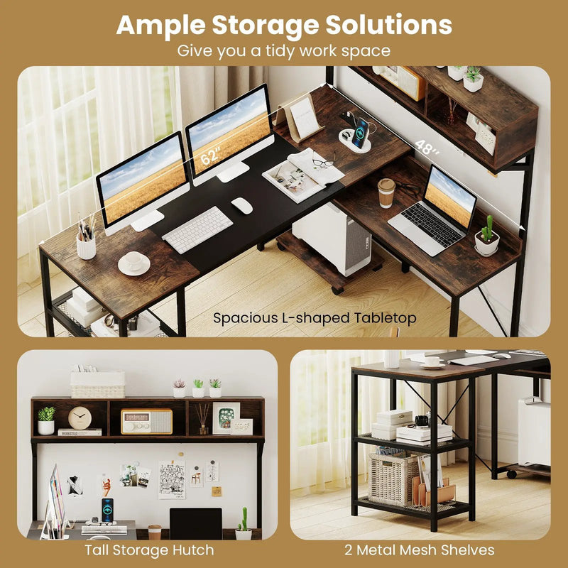 L-Shaped Computer Desk with Power Outlets 62 Inches Corner Desk with Storage Hutch-Brown by DirectDeals