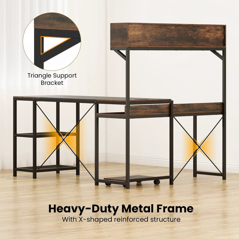 L-Shaped Computer Desk with Power Outlets 62 Inches Corner Desk with Storage Hutch-Brown by DirectDeals