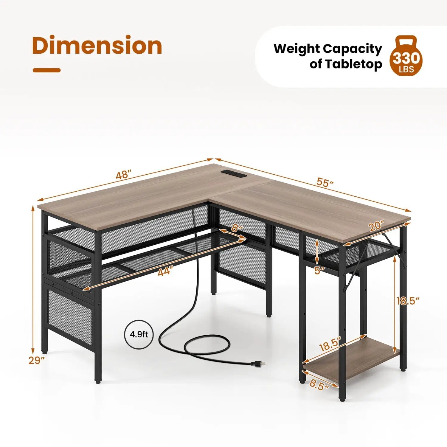 L-Shaped Computer Desk with Charging Station and Adjustable Shelf-Gray by DirectDeals