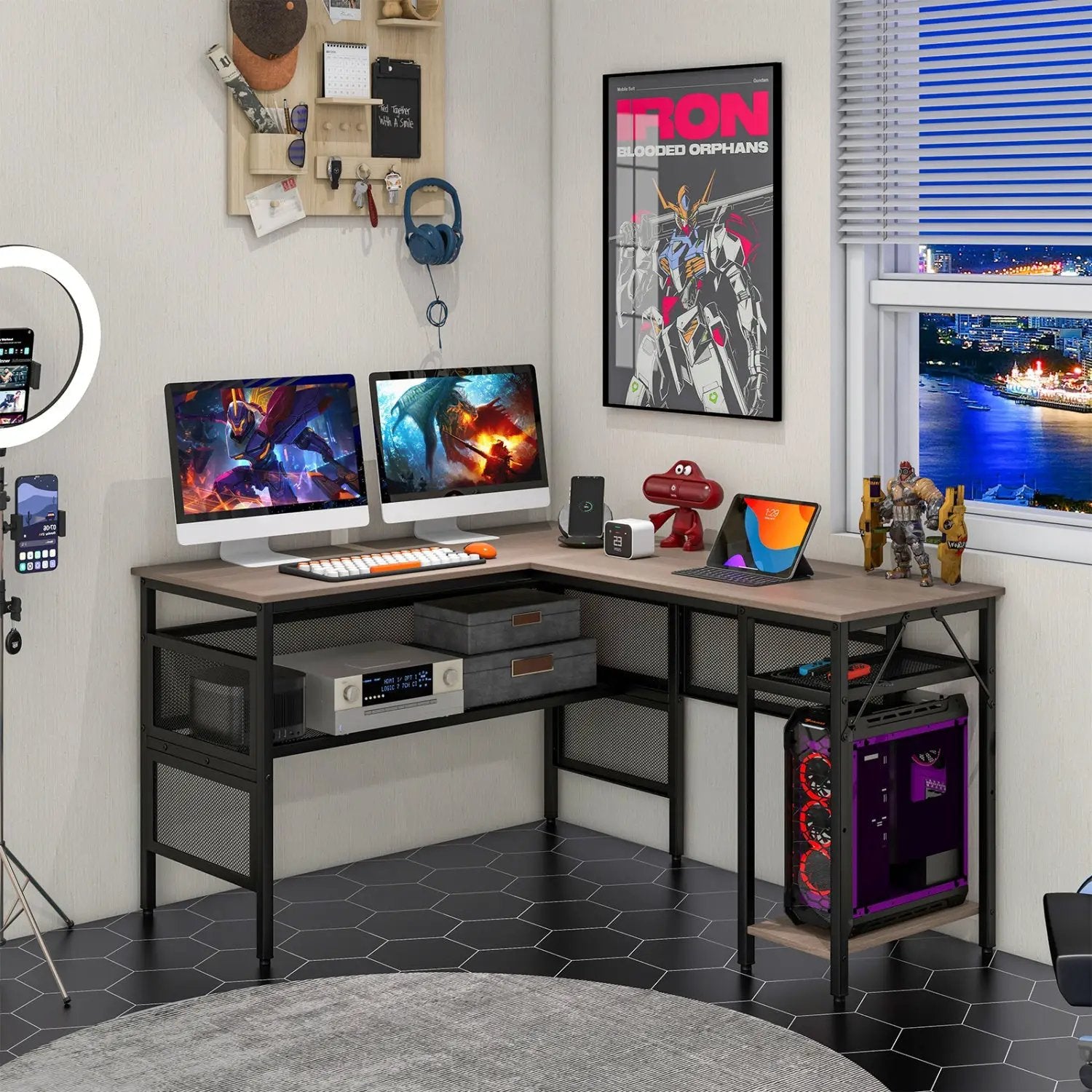 L-Shaped Computer Desk with Charging Station and Adjustable Shelf-Gray by DirectDeals