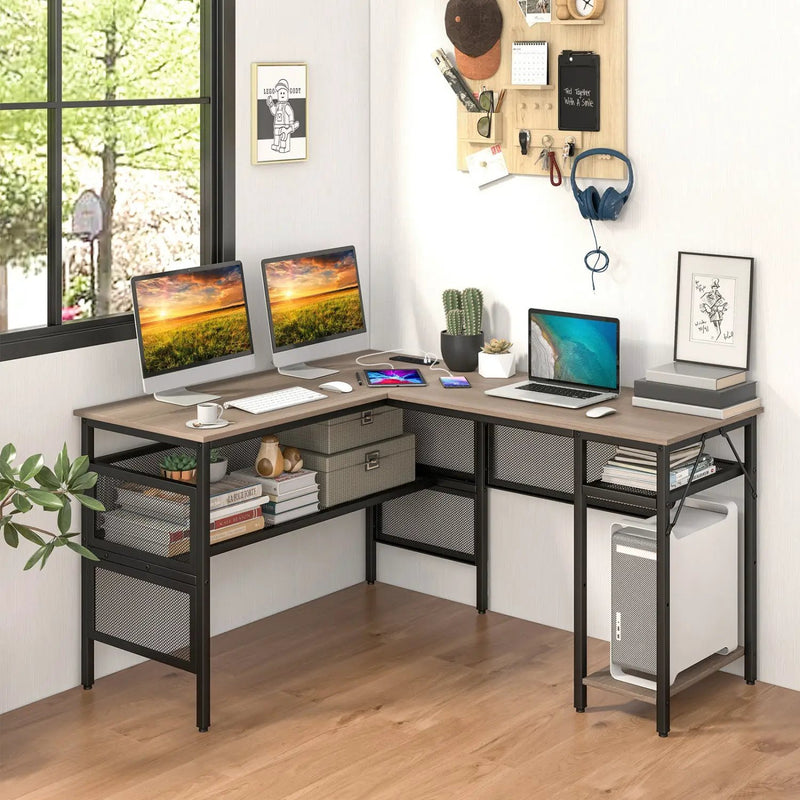 L-Shaped Computer Desk with Charging Station and Adjustable Shelf-Gray by DirectDeals