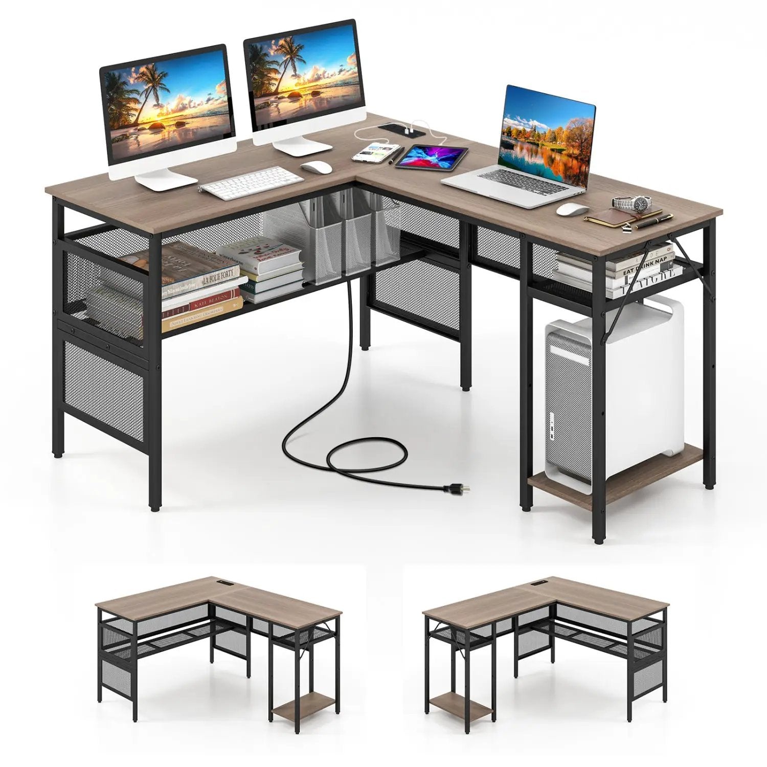 L-Shaped Computer Desk with Charging Station and Adjustable Shelf-Gray by DirectDeals