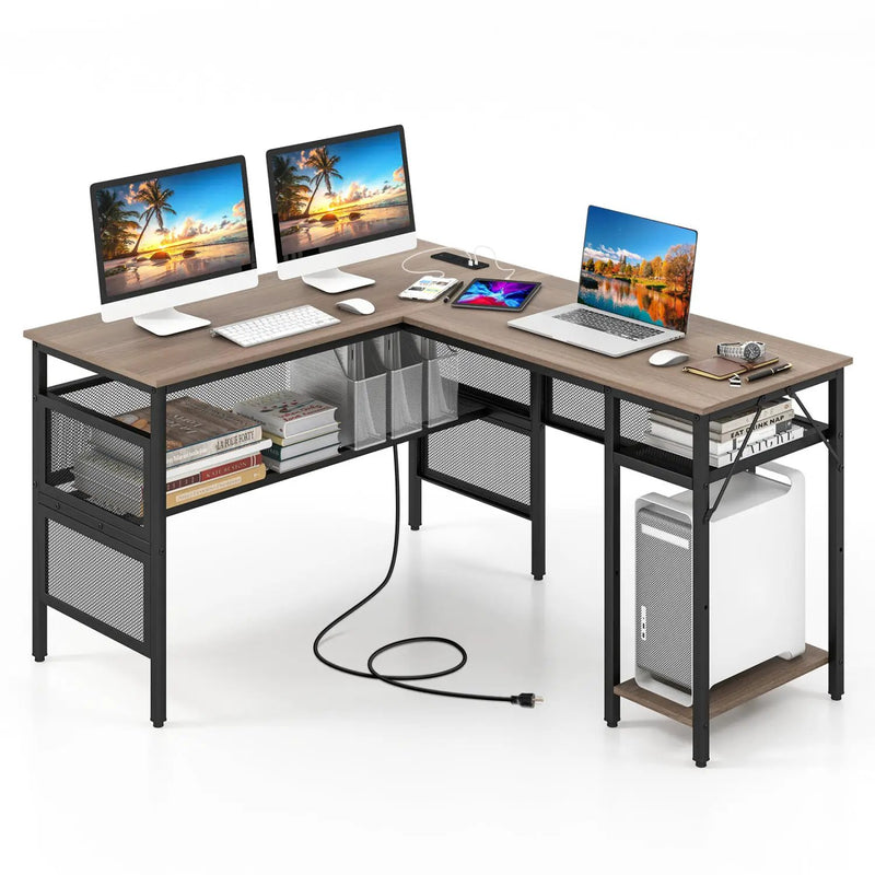 L-Shaped Computer Desk with Charging Station and Adjustable Shelf-Gray by DirectDeals
