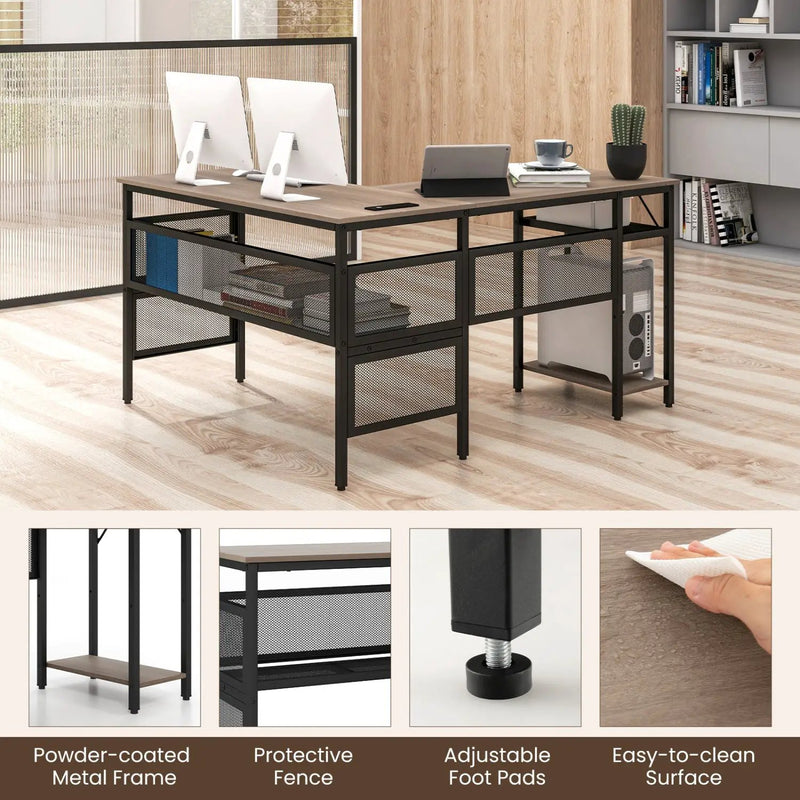L-Shaped Computer Desk with Charging Station and Adjustable Shelf-Gray by DirectDeals
