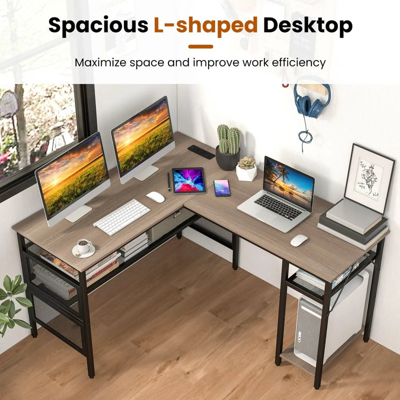 L-Shaped Computer Desk with Charging Station and Adjustable Shelf-Gray by DirectDeals