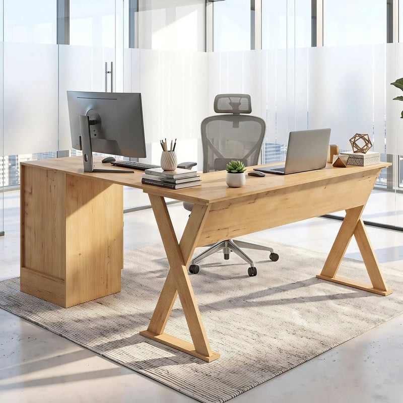 L-Shaped Computer Desk with Reversible Drawer and Cabinet by DirectDeals