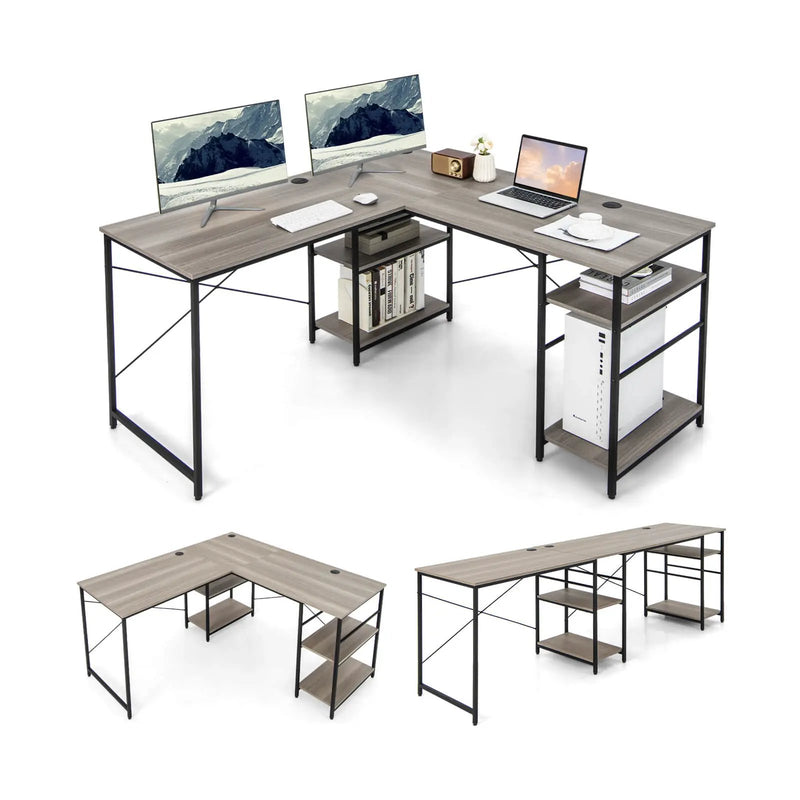 L Shaped Computer Desk with 4 Storage Shelves and Cable Holes by DirectDeals