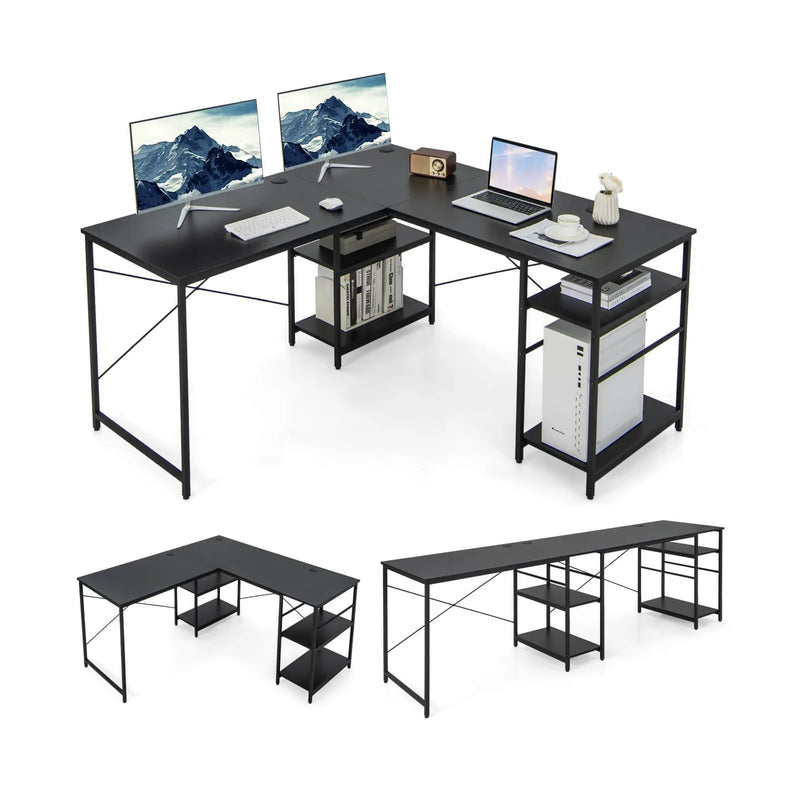 L Shaped Computer Desk with 4 Storage Shelves and Cable Holes by DirectDeals