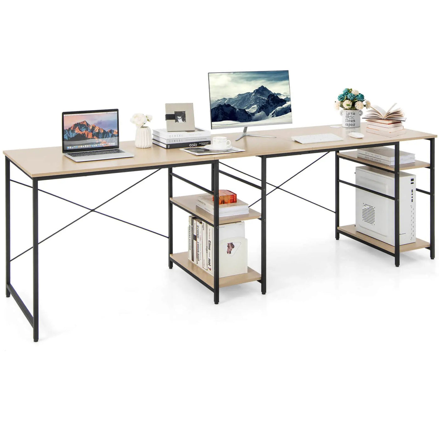 L Shaped Computer Desk with 4 Storage Shelves and Cable Holes by DirectDeals