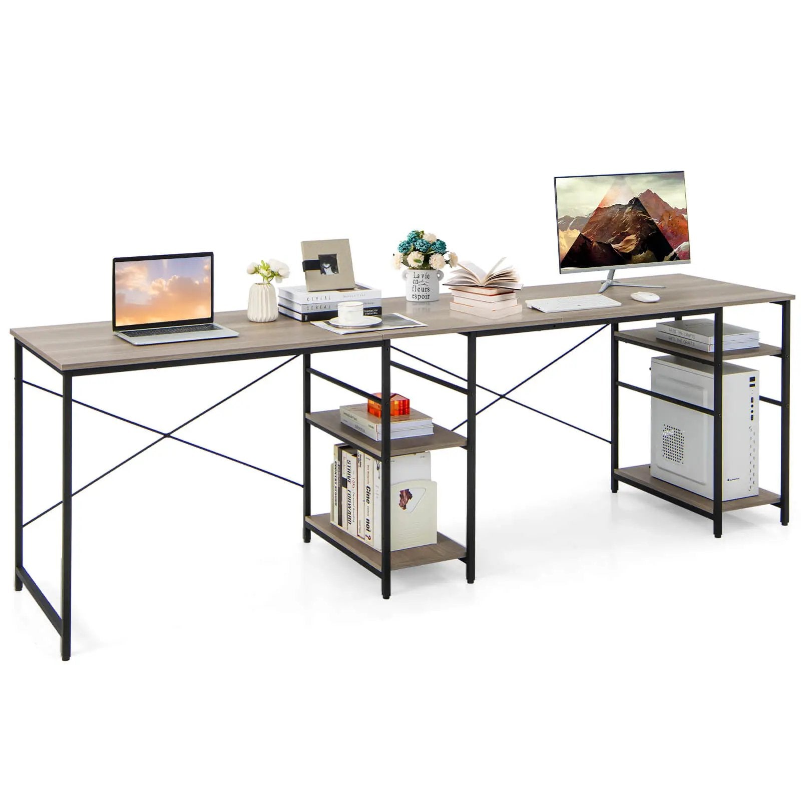 L Shaped Computer Desk with 4 Storage Shelves and Cable Holes by DirectDeals