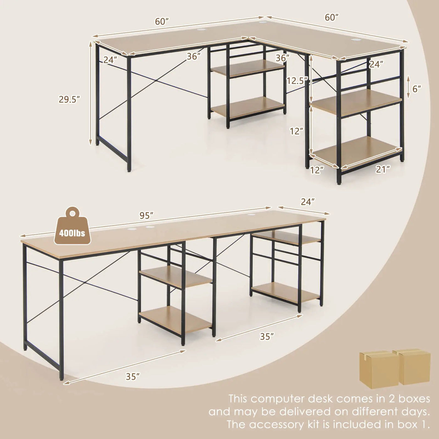 L Shaped Computer Desk with 4 Storage Shelves and Cable Holes by DirectDeals