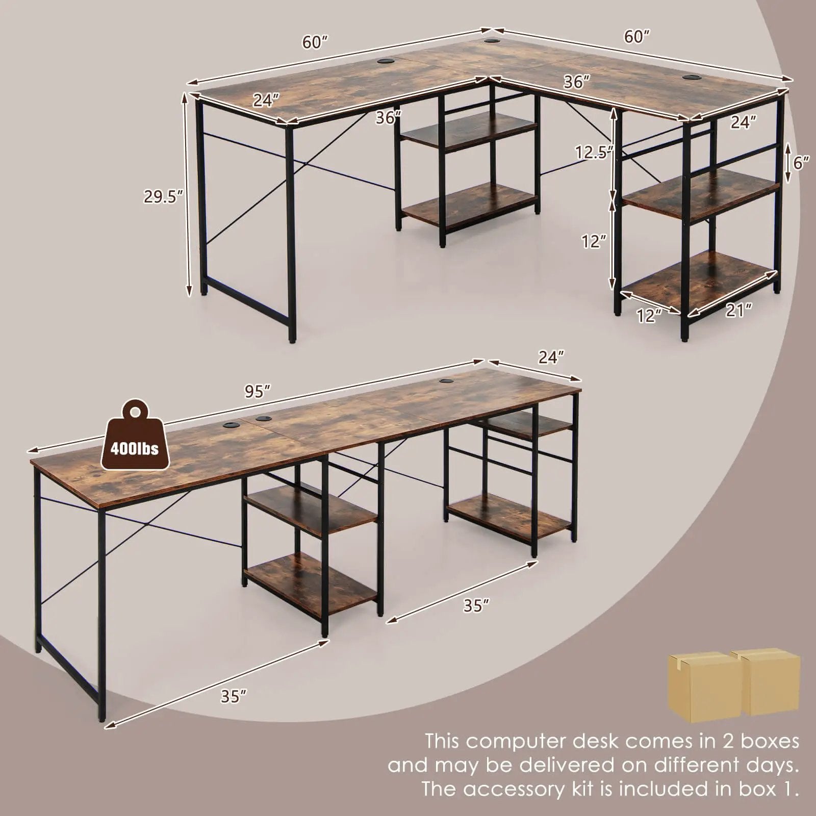L Shaped Computer Desk with 4 Storage Shelves and Cable Holes by DirectDeals