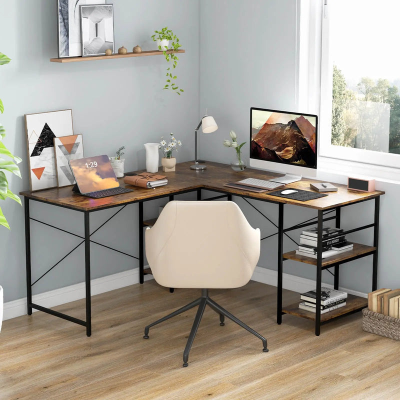 L Shaped Computer Desk with 4 Storage Shelves and Cable Holes by DirectDeals