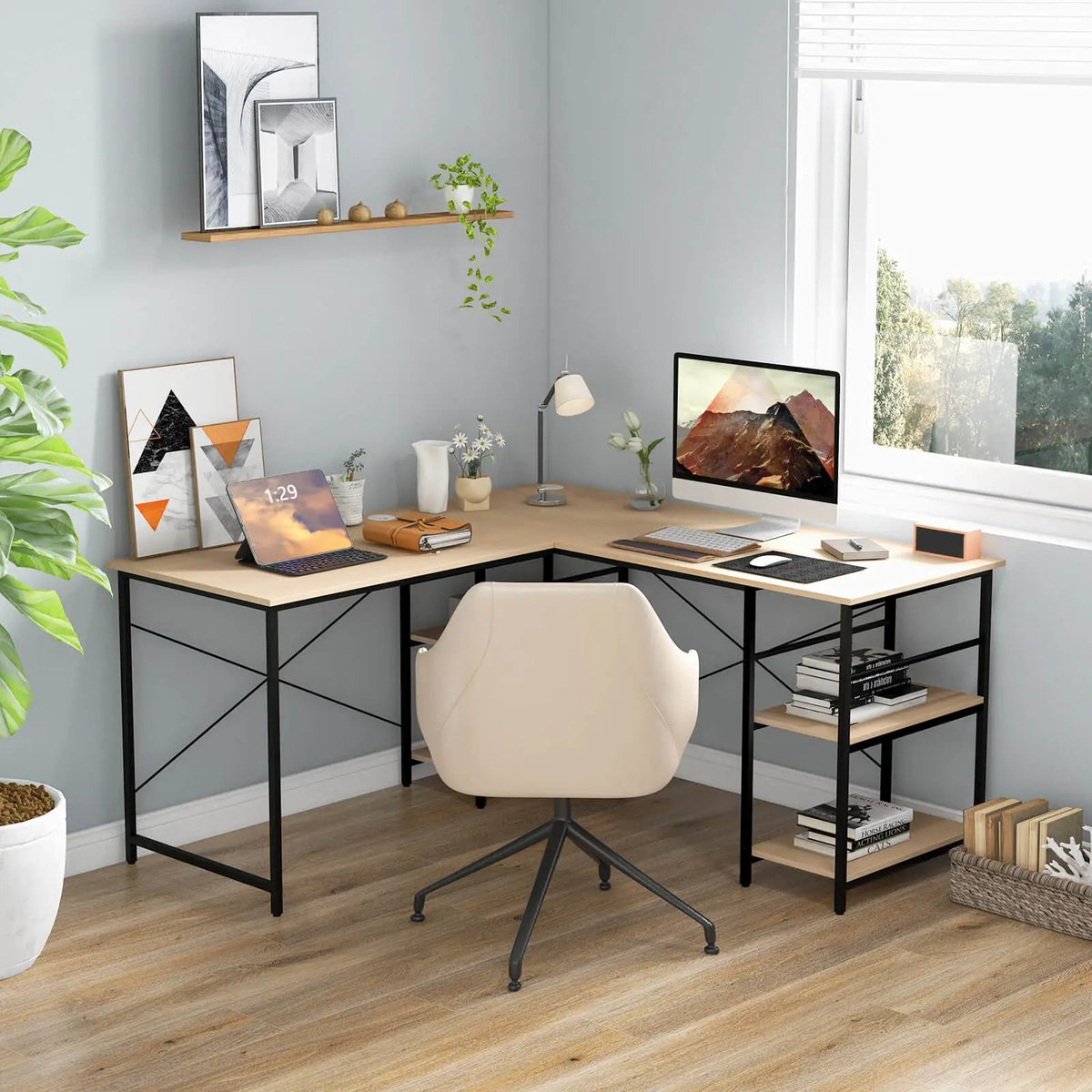 L Shaped Computer Desk with 4 Storage Shelves and Cable Holes by DirectDeals