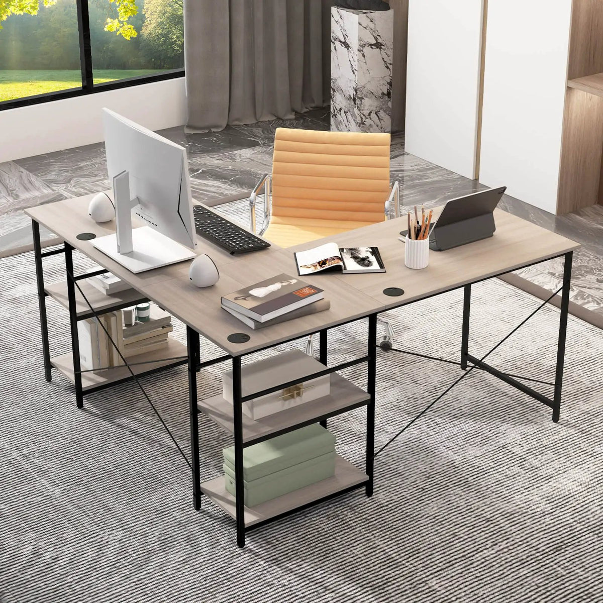 L Shaped Computer Desk with 4 Storage Shelves and Cable Holes by DirectDeals