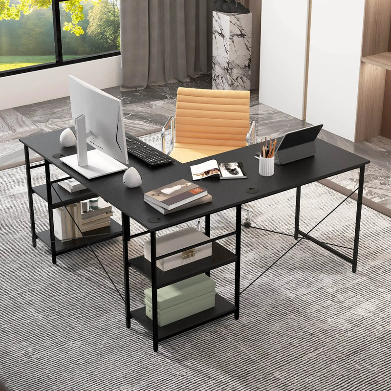 L Shaped Computer Desk with 4 Storage Shelves and Cable Holes by DirectDeals