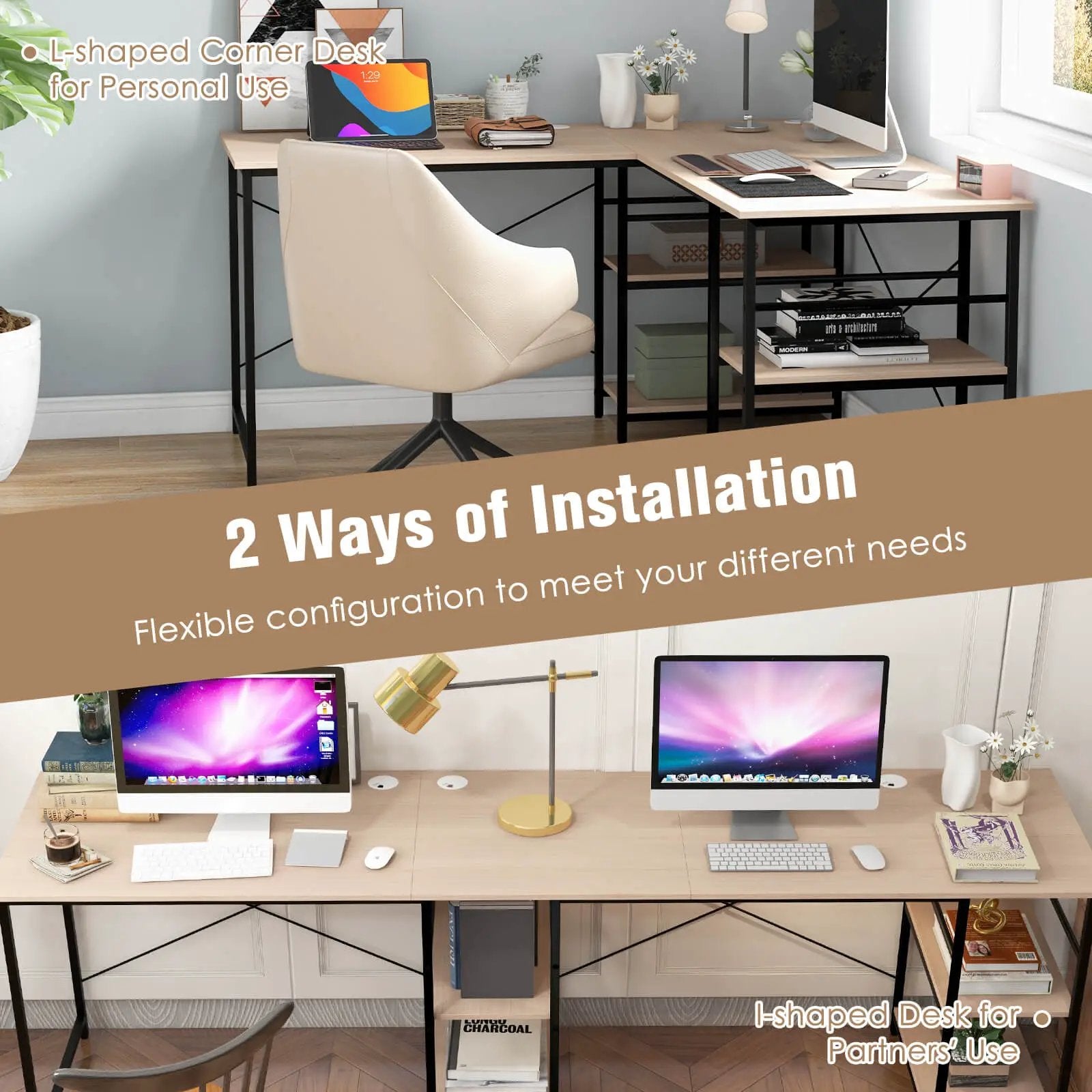 L Shaped Computer Desk with 4 Storage Shelves and Cable Holes by DirectDeals