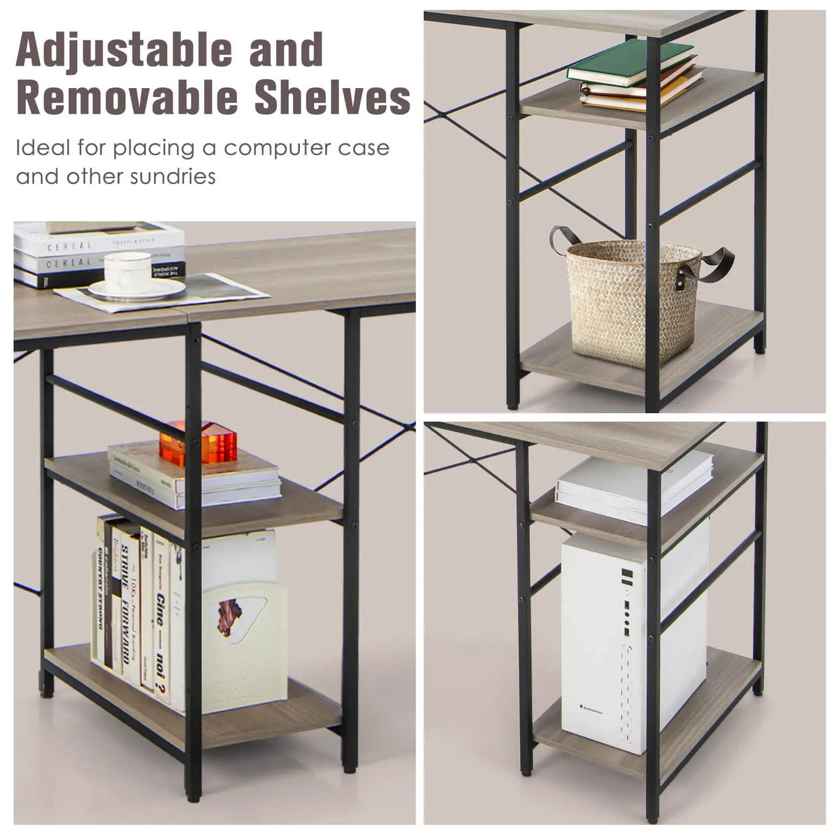 L Shaped Computer Desk with 4 Storage Shelves and Cable Holes by DirectDeals