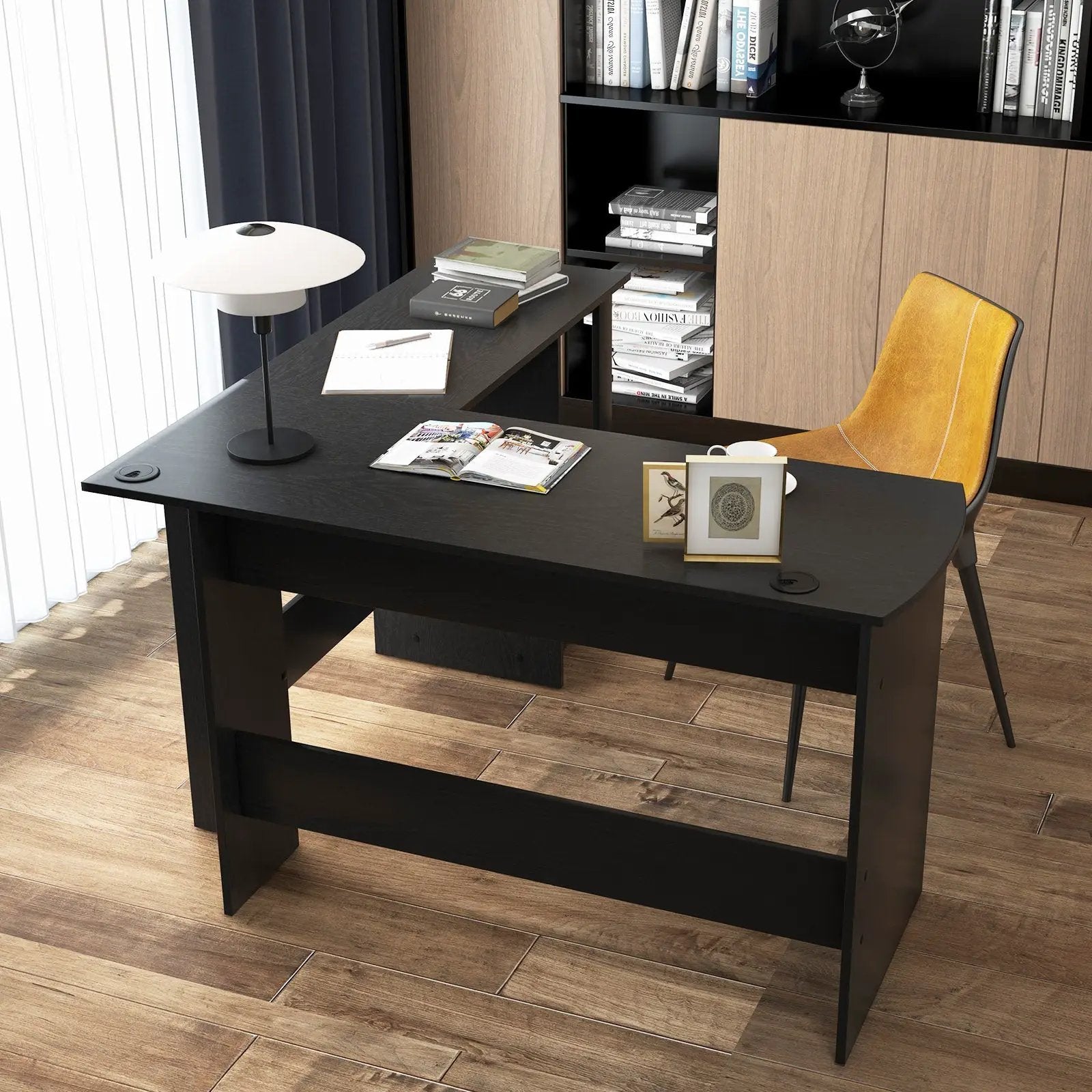 Modern L-Shaped Computer Desk with Shelves-Black by DirectDeals