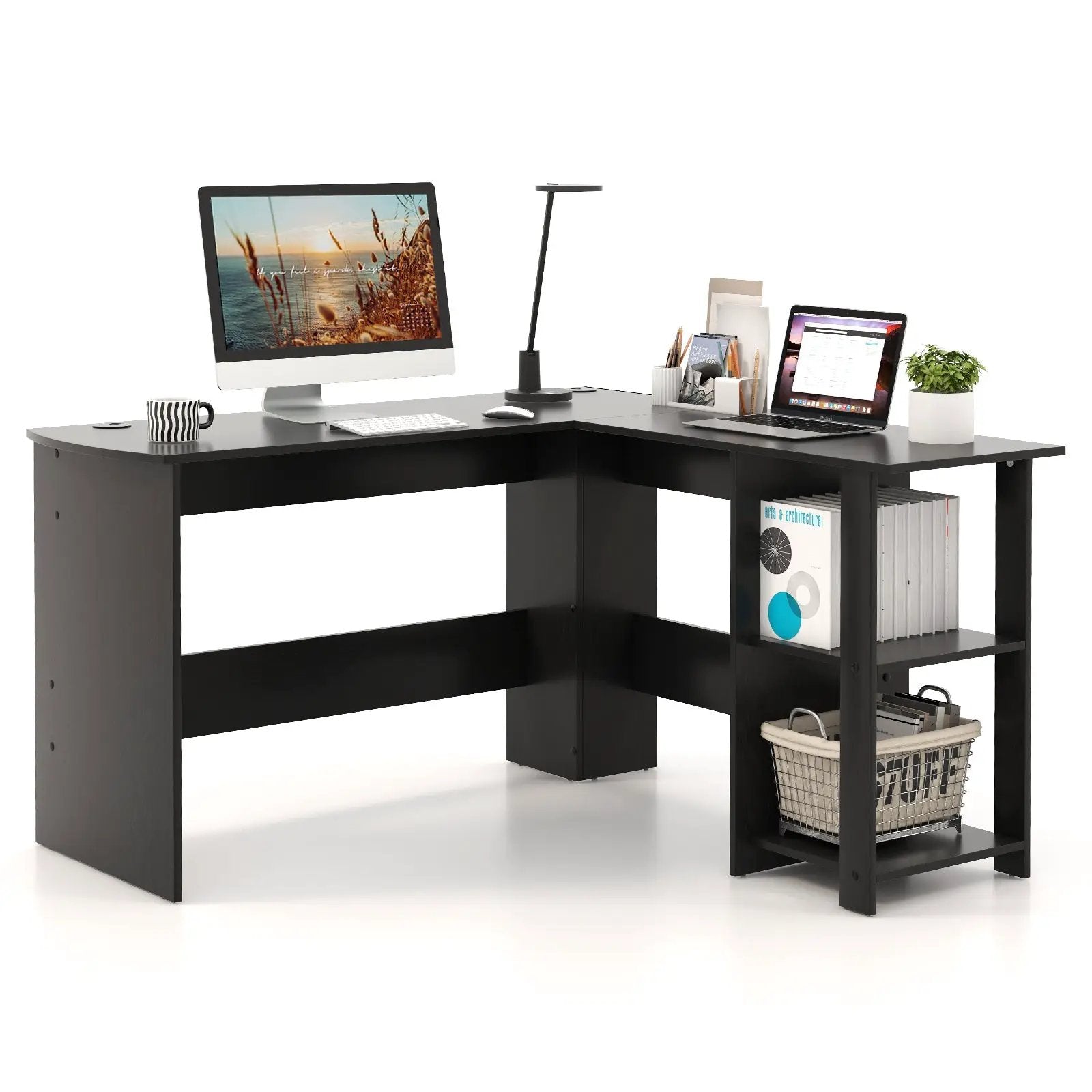 Modern L-Shaped Computer Desk with Shelves-Black by DirectDeals