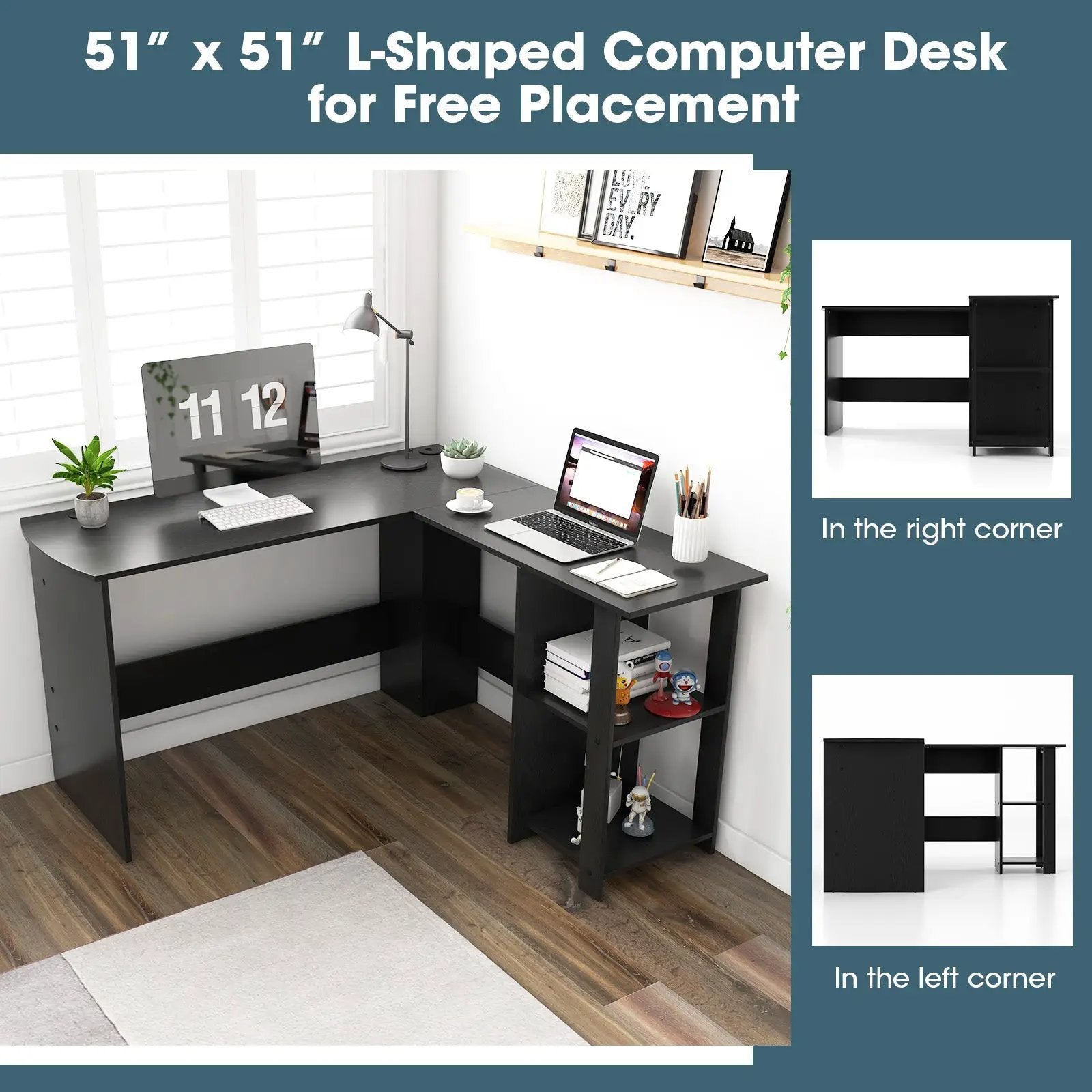 Modern L-Shaped Computer Desk with Shelves-Black by DirectDeals