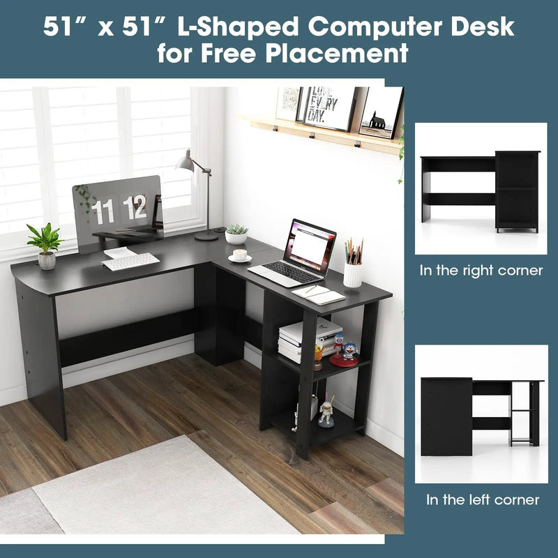 Modern L-Shaped Computer Desk with Shelves-Black by DirectDeals