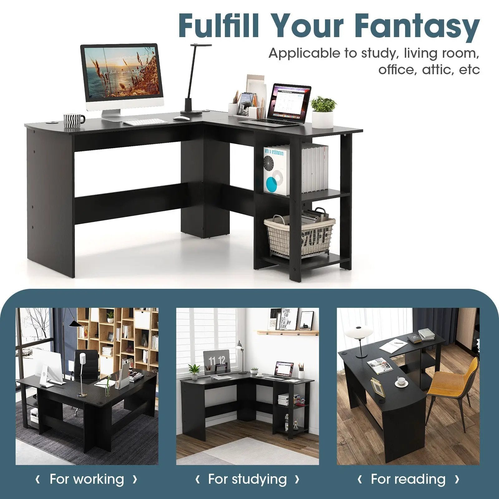 Modern L-Shaped Computer Desk with Shelves-Black by DirectDeals