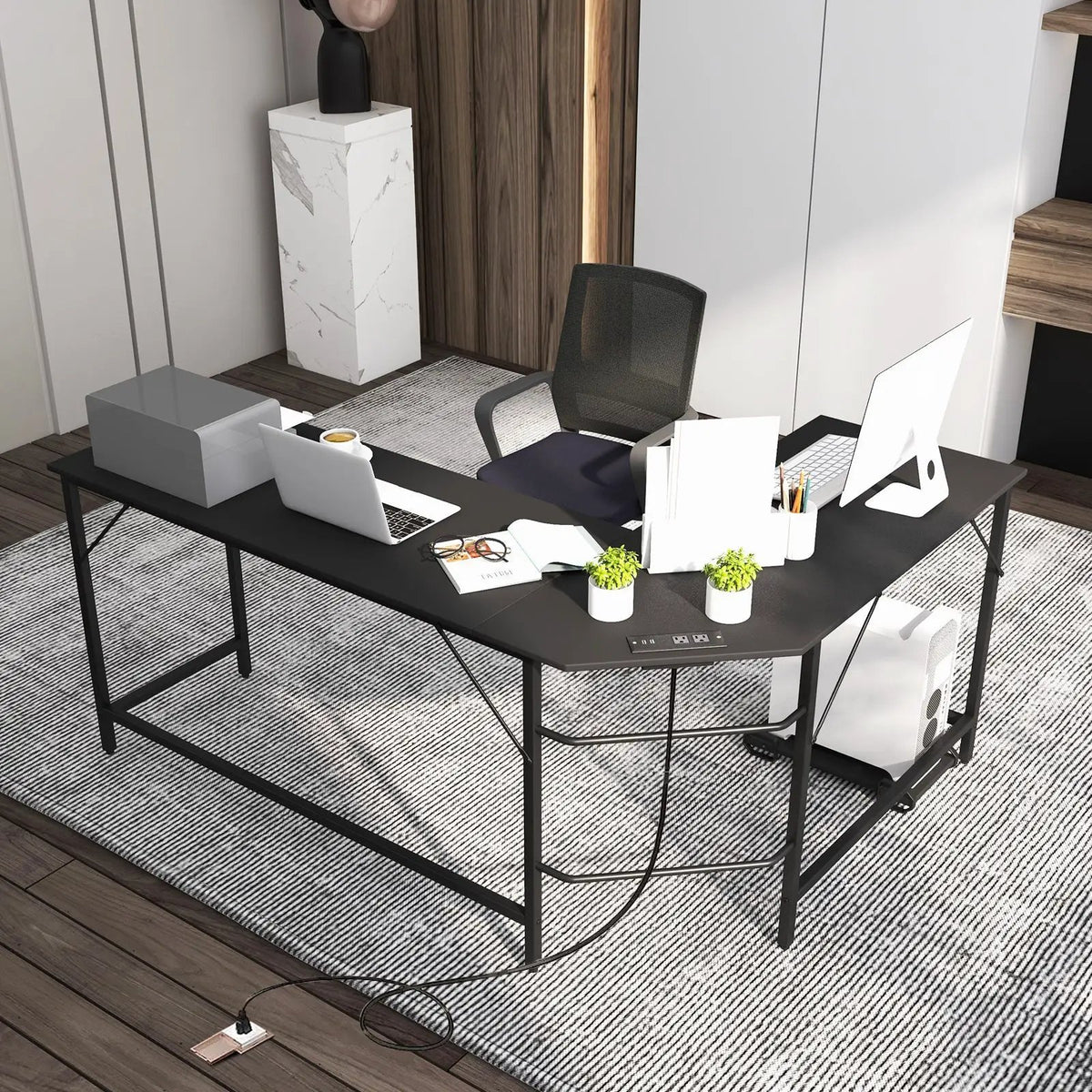 L-Shaped Computer Desk with CPU Stand Power Outlets and USB Ports by DirectDeals